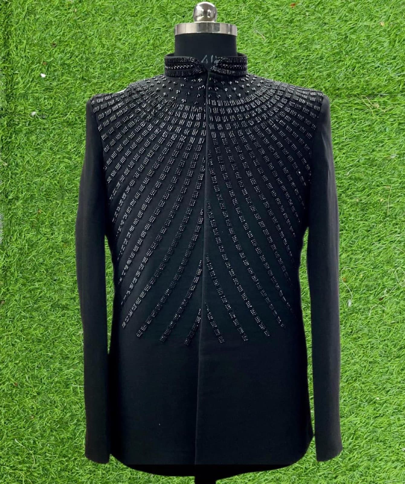Black textured bandhgala with sculpted pintucks