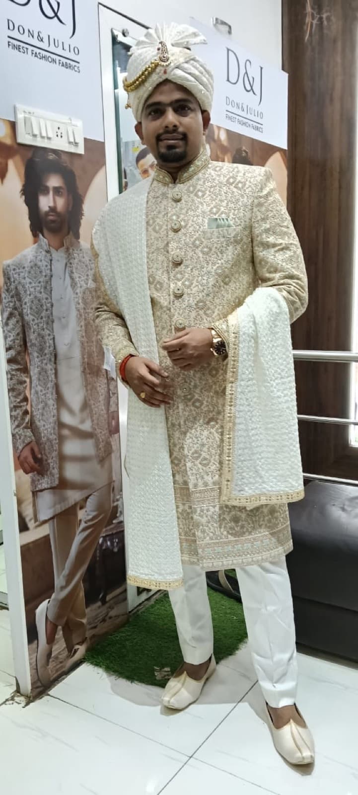 Groom in champagne sherwani with stole